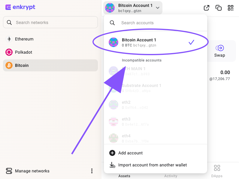 Convert ETH to BTC with Enkrypt